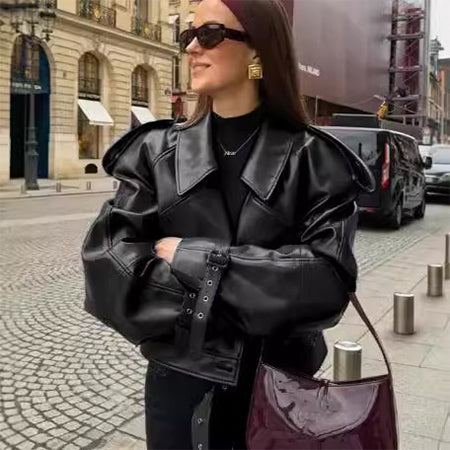 Amsterdam Cropped Leather Look Jacket – Loose Lapel Street Fit