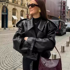 Amsterdam Cropped Leather Look Jacket – Loose Lapel Street Fit