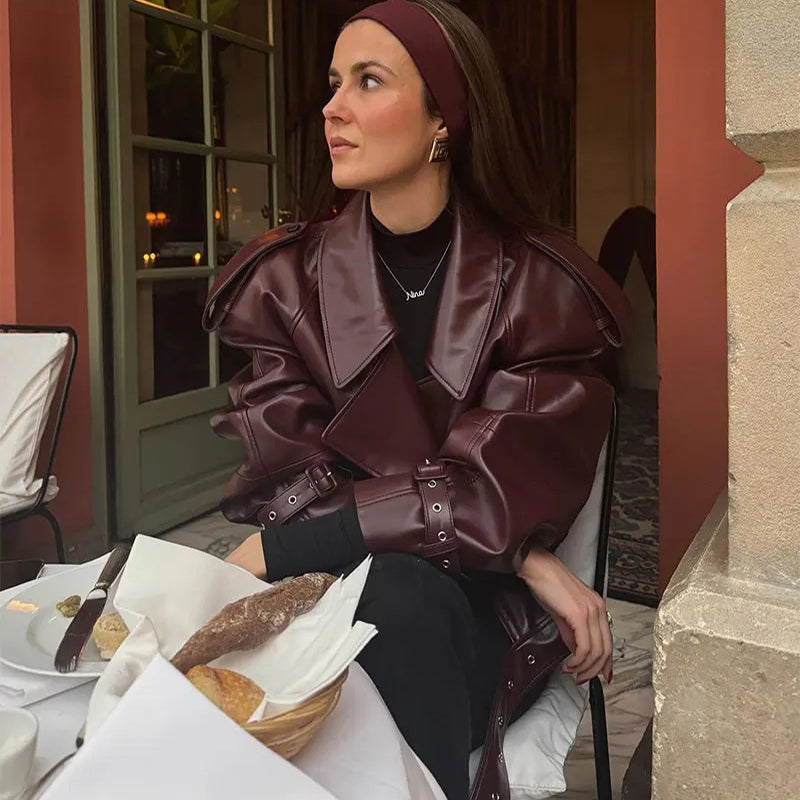 Amsterdam Cropped Leather Look Jacket – Loose Lapel Street Fit